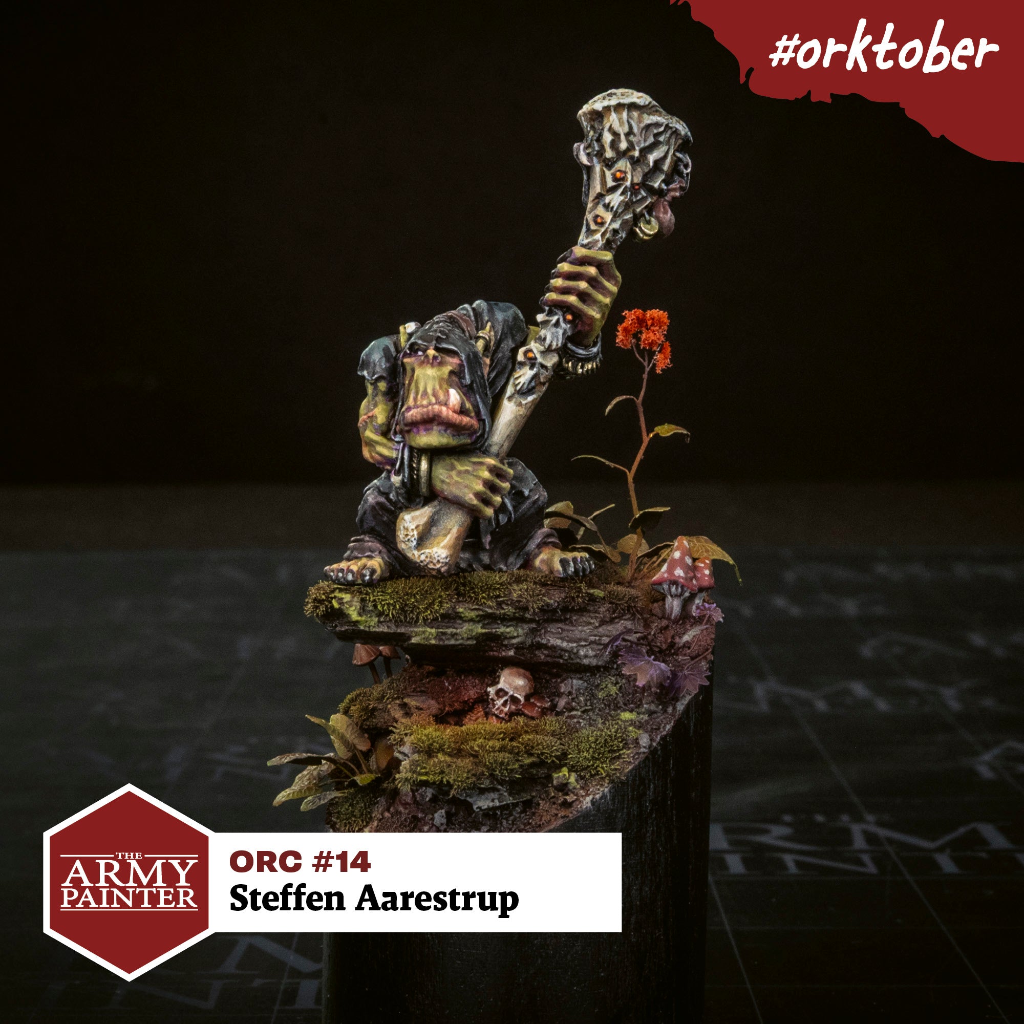 I chose the classic Orc Shaman model by Brian Nelson as it is my all-time favourite Orc sculpt, and I jumped at the opportunity to paint it for this Orktober. I went for a darker, grittier look for him, with a lot of purples and reds mixed into his skin to give him a bit of life.