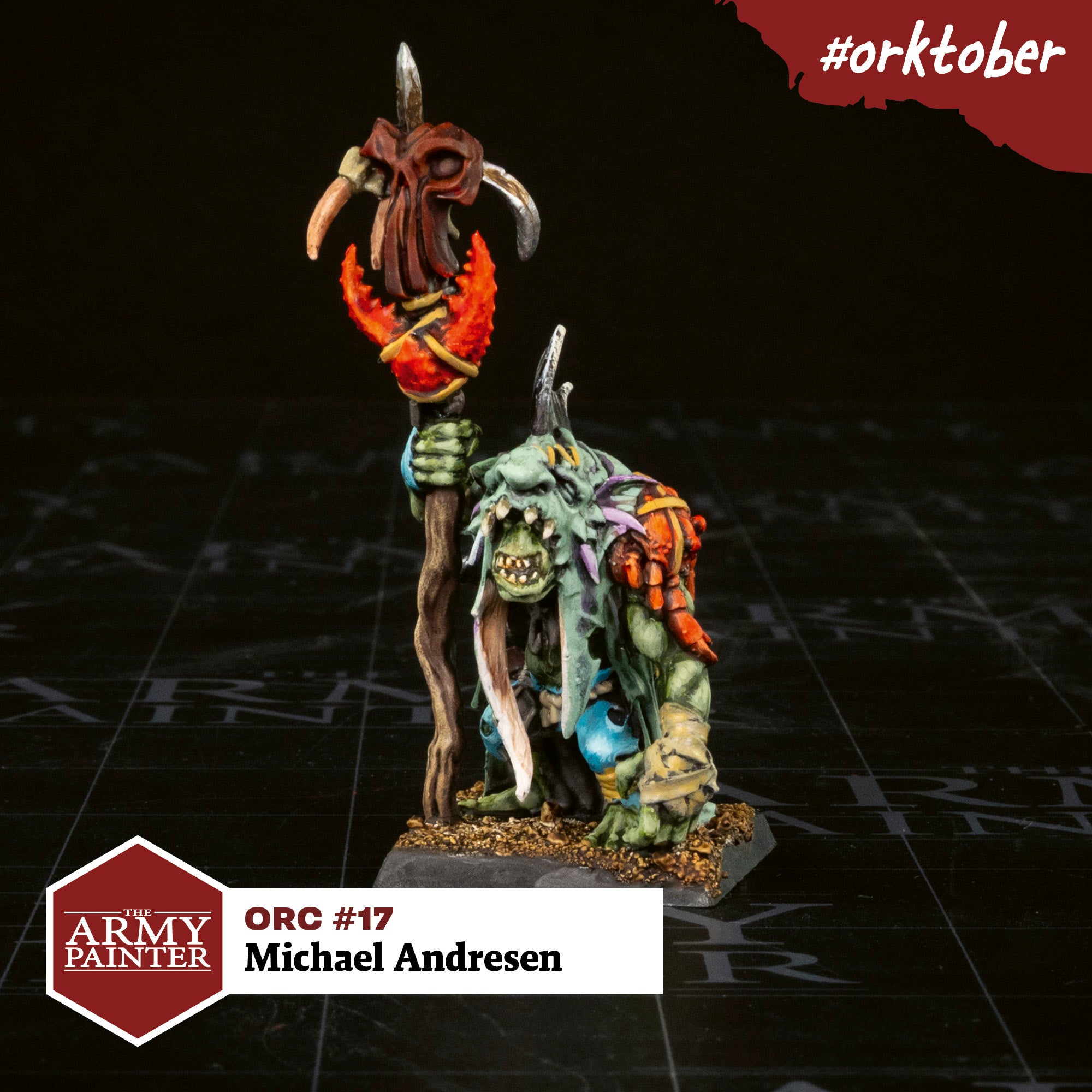 The distinction between the orc skin and the troll hide, which are both green, was a fun challenge on this model. I kept the orc’s skin a warm green and painted the troll hide in the Desaturated Cool Green Flexible Triad and shaded this with purple to match the scales on the back. The orange of the crab and claw was further contrasted with blue on the clothing of the orc. I've never really done much with Speedpaint for basing, but this was really easy with white painted sand and Ruddy Fur overtop