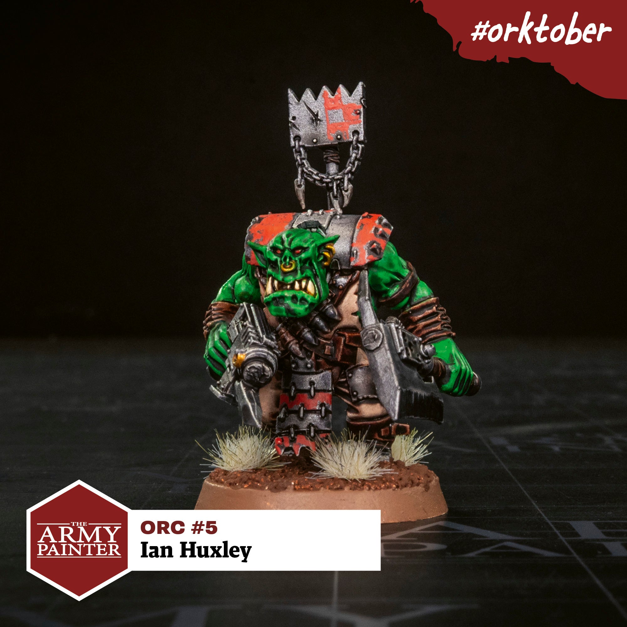 Continuing my Speedpaint journey, I painted this Ork Nob almost entirely with Speedpaint after undercoating with Brainmatter Beige. I used Orc Skin for the skin, Crusader Skin for the cloth and Hardened Leather for the shoes, belts, trim and pouches. I used Broadsword Silver for the metal and Slaughter Red for the eyes. Finally, I gave it a wash of thinned-down Dark Tone to mute the colours and used Resplendent Red for the chipped armour colour.